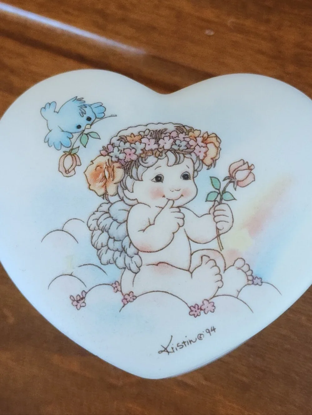 Vtg 1994 Trinket Box Dreamsicles Heart Shape Angel Cherub Floral 2.75